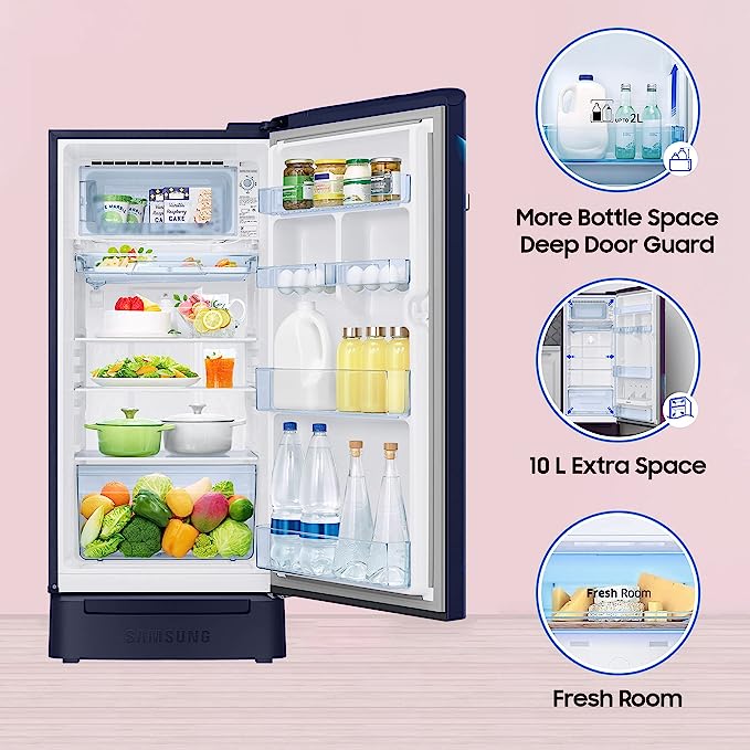 Samsung 189 L 5 Star Digital Inverter Direct Cool Single Door Refrigerator (RR21C2H25CR/HL, Camellia Blue, Base Stand with Drawer 2023 Model) Samsung 189 L 5 Star Digital Inverter Direct Cool Single Door Refrigerator (RR21C2H25CR/HL, Camellia Blue, Base Stand with Drawer 2023 Model)